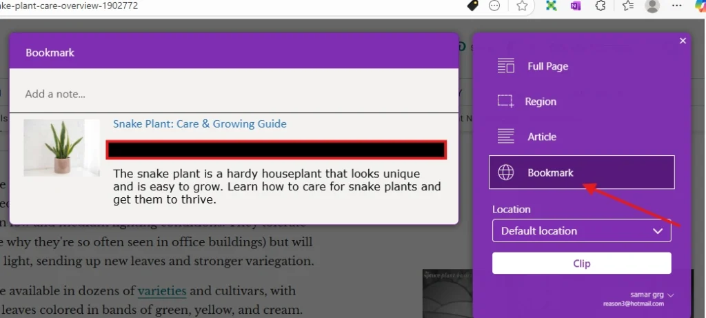 Bookmark mode preview card with title and URL in OneNote Web Clipper