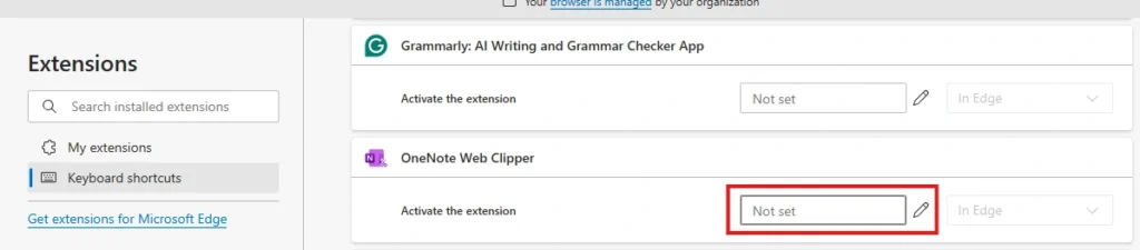 Edge extensions shortcuts page setting a keyboard shortcut for OneNote Web Clipper