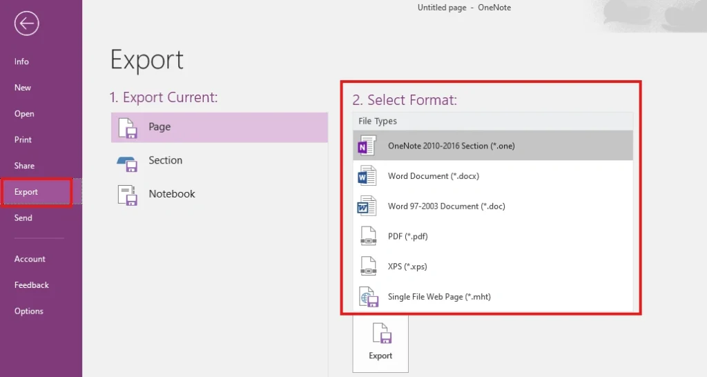 OneNote for Windows showing File > Export with Word format selected