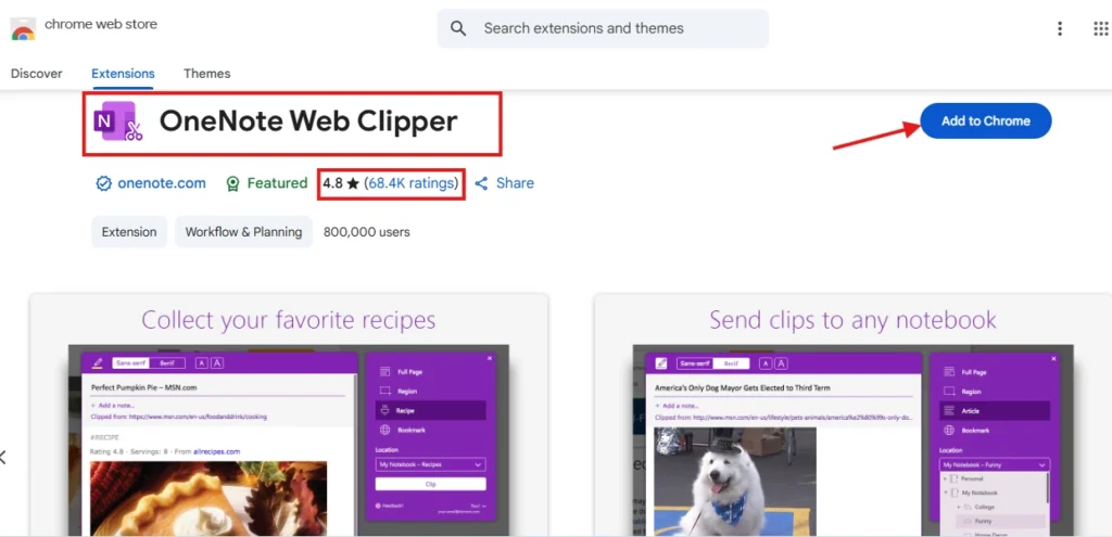 OneNote Web Clipper page in Chrome Web Store with Add to Chrome button