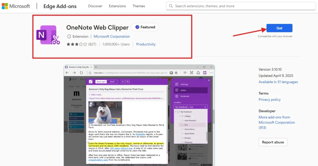 OneNote Web Clipper listing in Microsoft Edge Add-ons with Get button highlighted