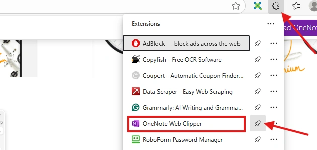 Edge toolbar showing OneNote Web Clipper icon pinned to the extensions bar