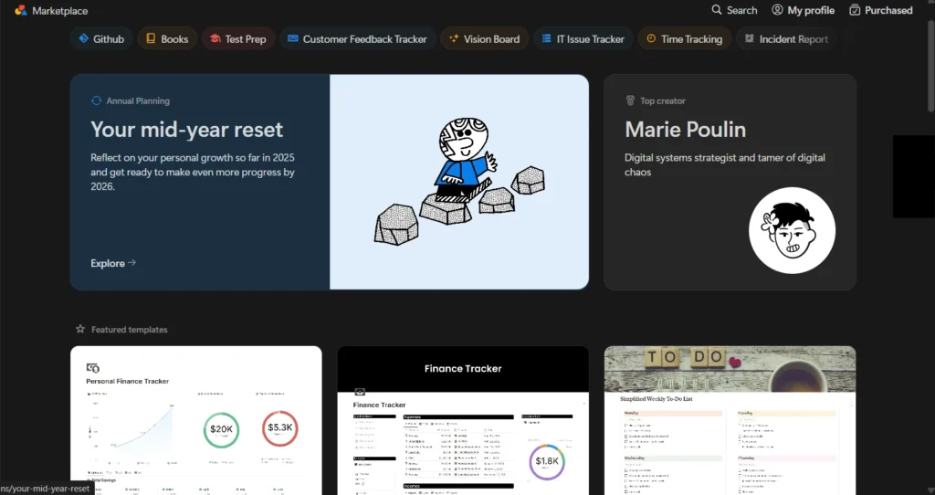 Notion template gallery interface displaying various template categories including finance tracker, annual planning and featured templetes