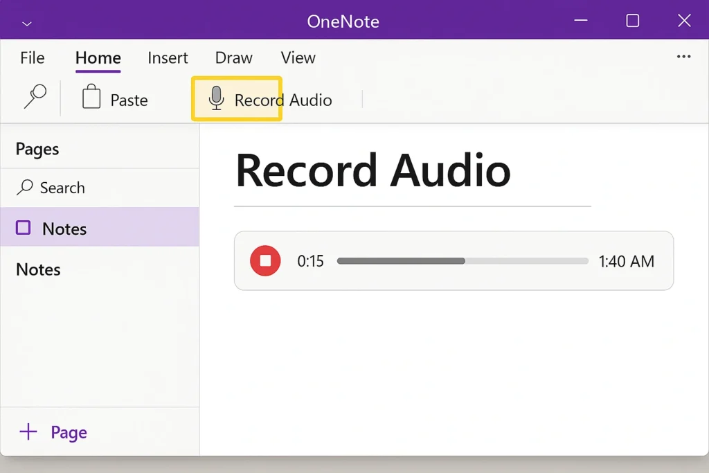 OneNote Home tab showing Record Audio button