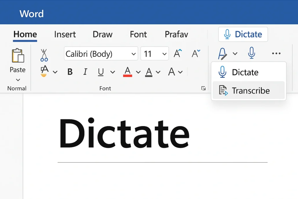 Microsoft Word Dictate menu with Transcribe option