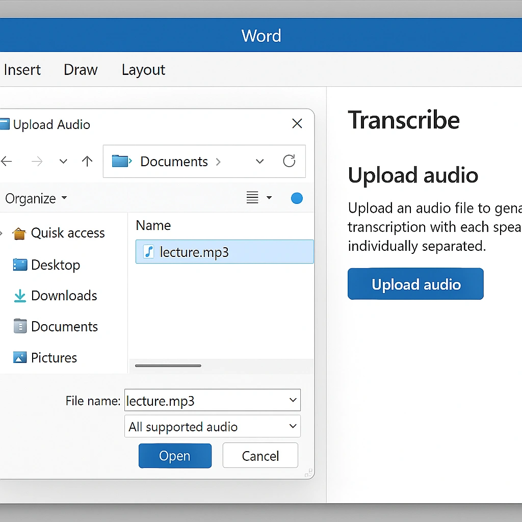 Microsoft Word transcription upload interface