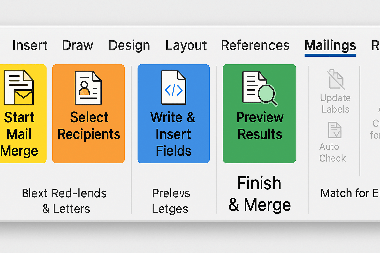 Clean screenshot of Microsoft Word's Mailings tab with key buttons (Start Mail Merge, Select Recipients, Insert Merge Field) highlighted and labeled