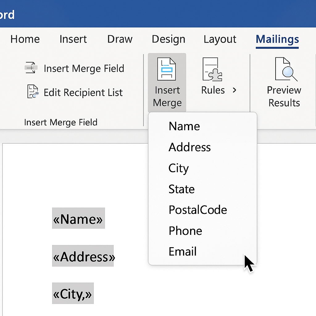 Visual demonstration of inserting merge fields into a Word document template, showing the dropdown menu and field selection process