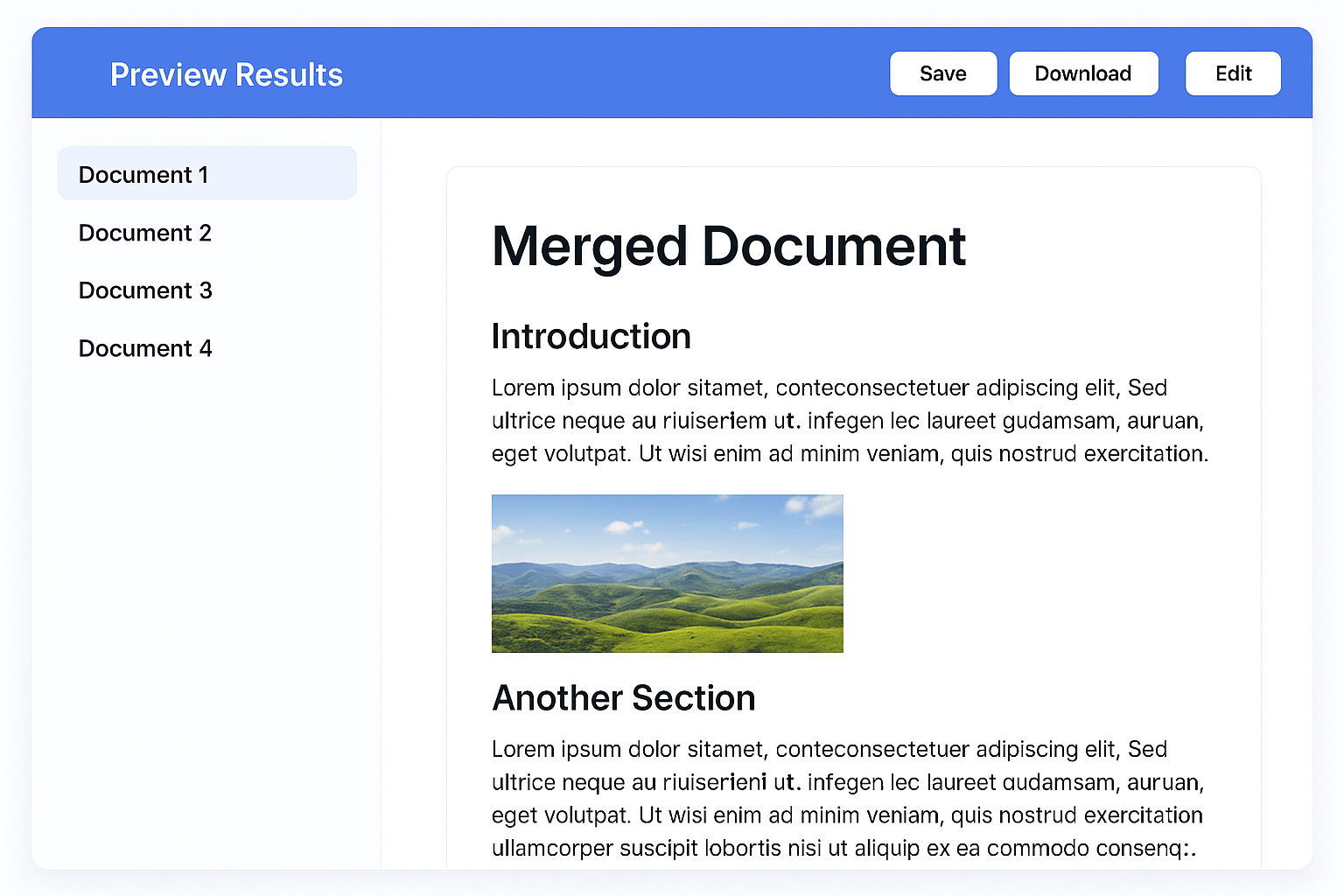 Screenshot showing the Preview Results function with navigation arrows and sample merged document displayed