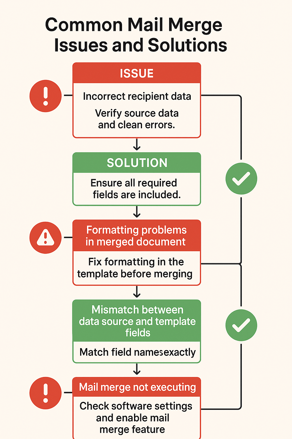 Professional diagram showing common mail merge problems and their solutions in a clear, step-by-step visual format