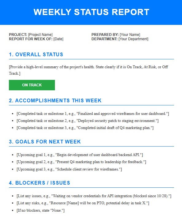 free Weekly Status Report Template