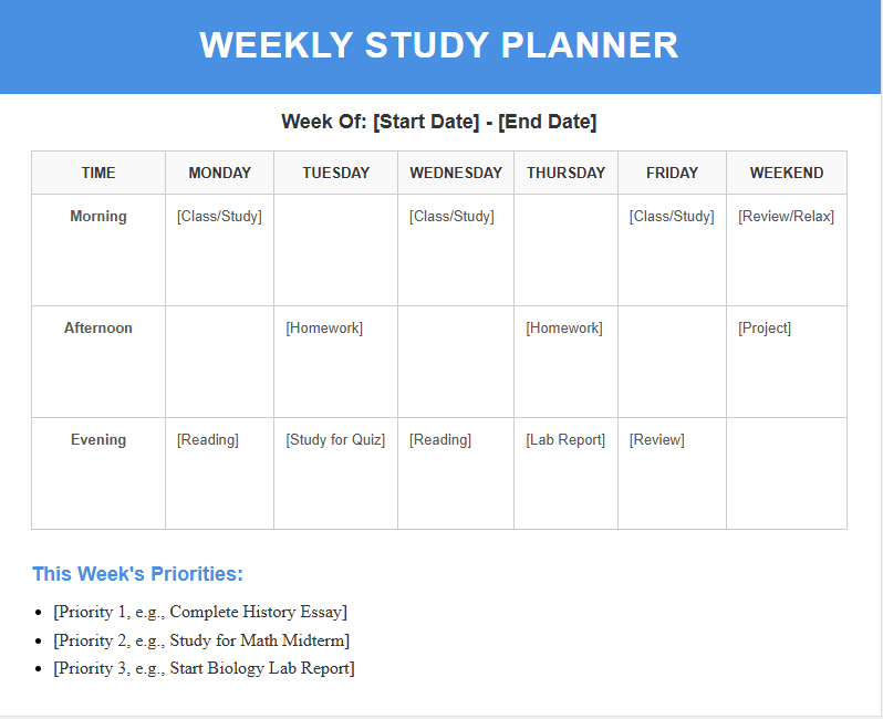 free Weekly Study Planner Template