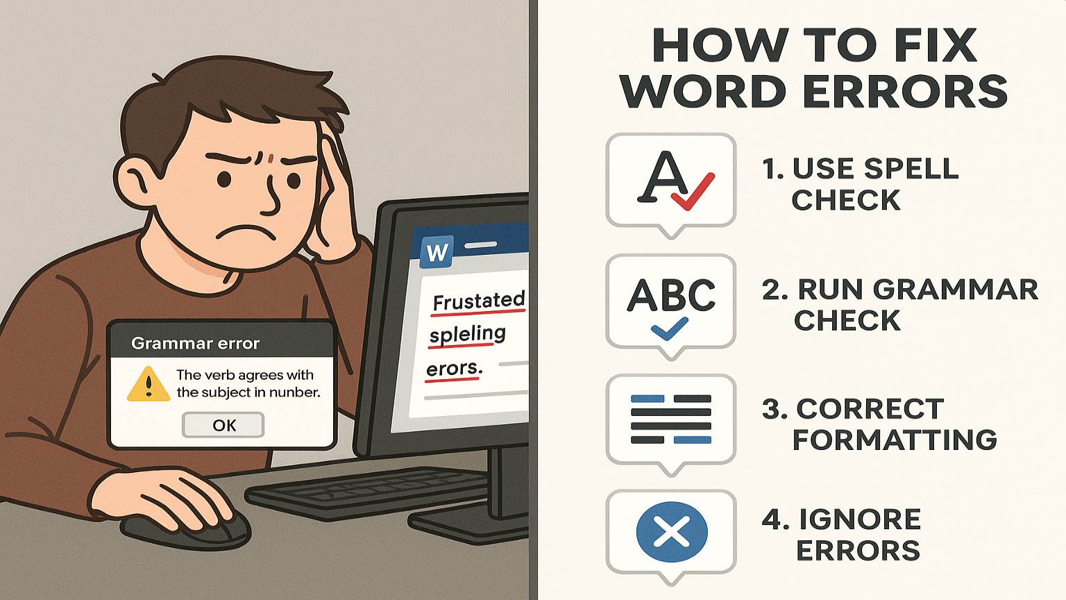 Microsoft Word troubleshooting guide showing common problems and step-by-step solutions for 2025