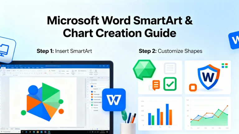 Microsoft Word interface displaying a colorful infographic with SmartArt graphics, shapes, and icons being designed step by step