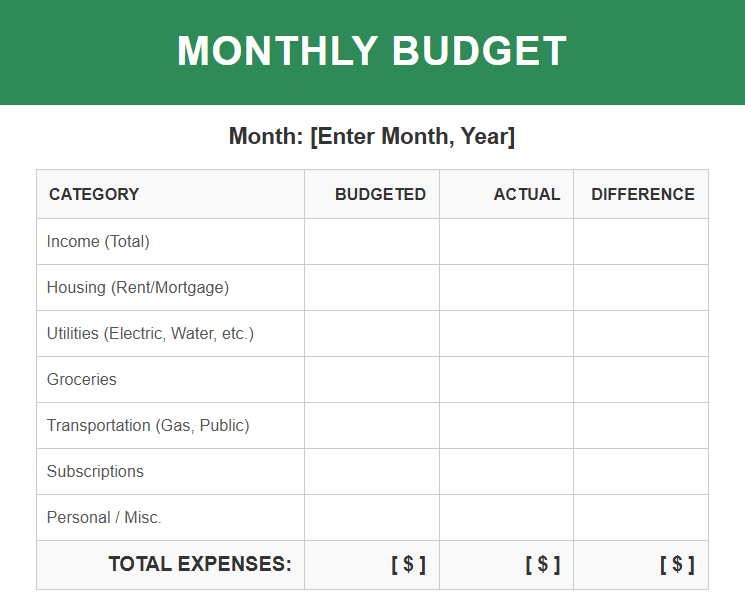 free Monthly Budget Tracker Template