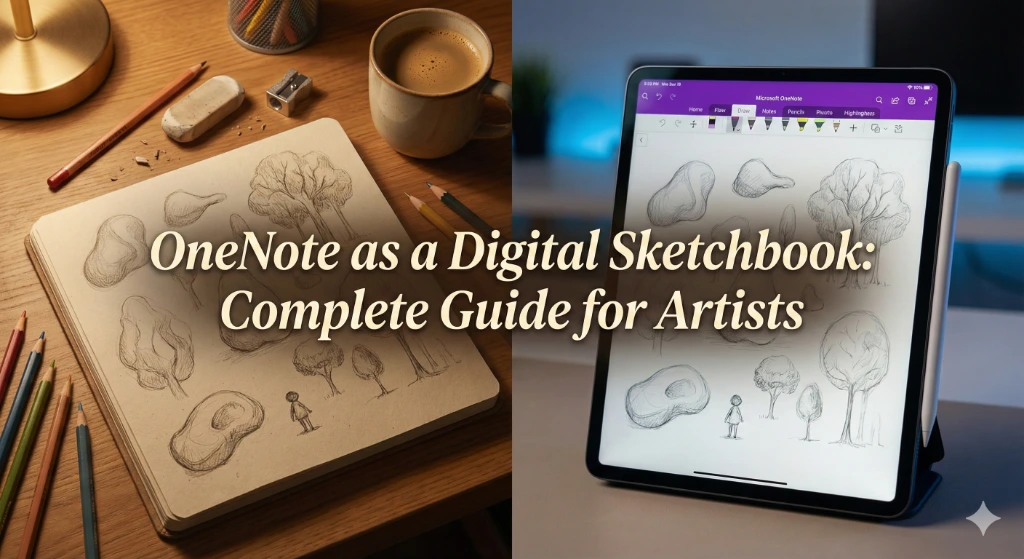 OneNote as a digital sketchbook guide showing traditional sketching transitioning to digital drawing on iPad with Apple Pencil and OneNote interface