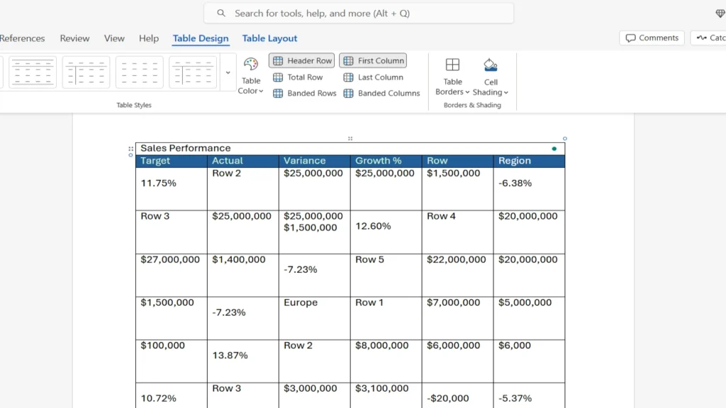 Professional Microsoft Word table showcasing advanced formatting techniques including color-coded headers, banded rows, merged cells, and business-ready data layout