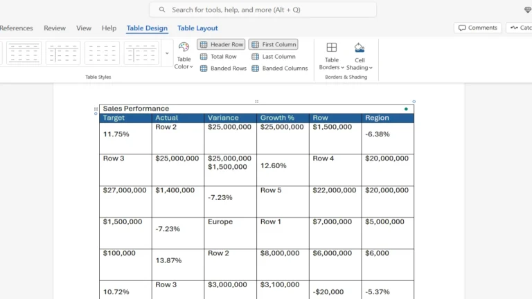 Professional Microsoft Word table showcasing advanced formatting techniques including color-coded headers, banded rows, merged cells, and business-ready data layout