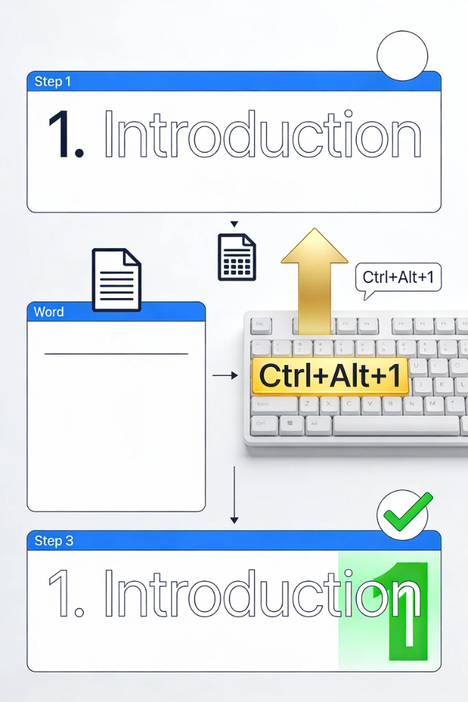  3-step keyboard shortcut workflow (Ctrl+Alt+1)