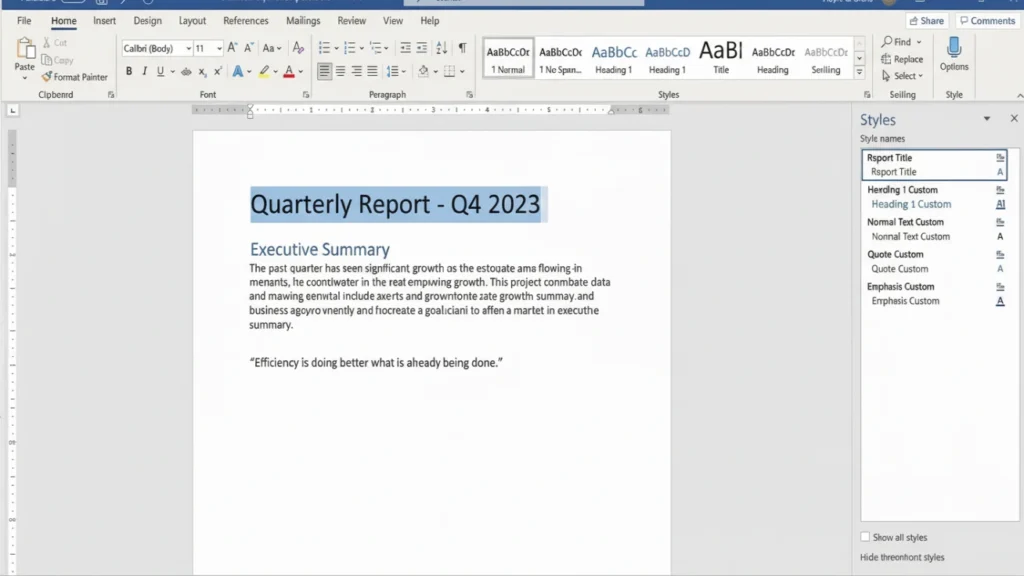 Step-by-step visual showing Word document with custom styles applied to different sections including headers, subheadings, and body text