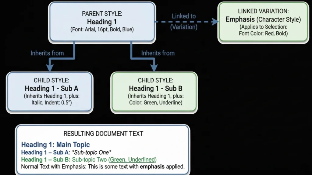 Visual diagram showing Word style hierarchy with paragraph styles, character styles, and linked styles in cascading structure