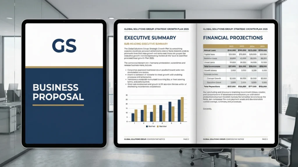 Business report template example created with Word styles showing consistent formatting for cover page, section headings, and body content"