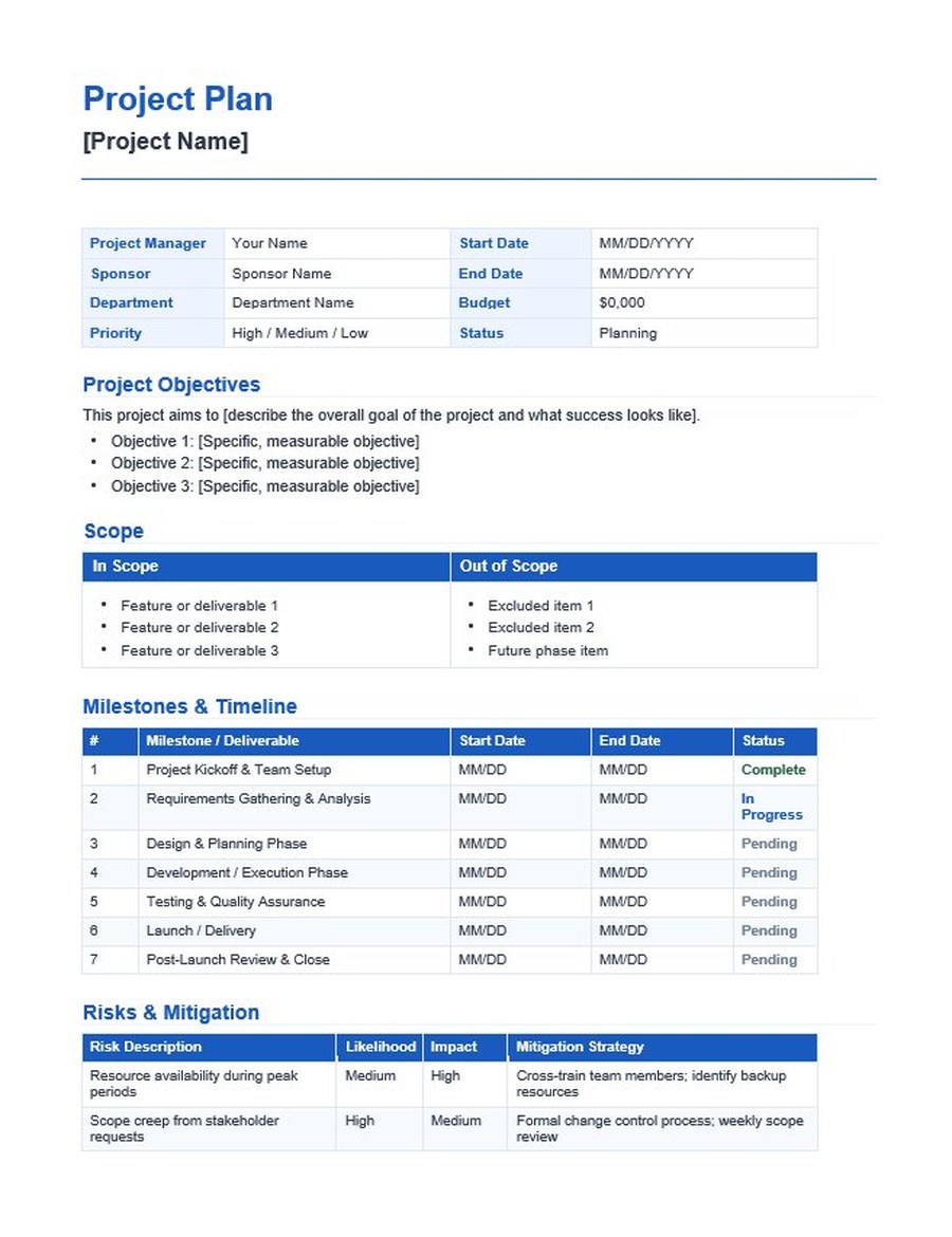 Project plan template preview